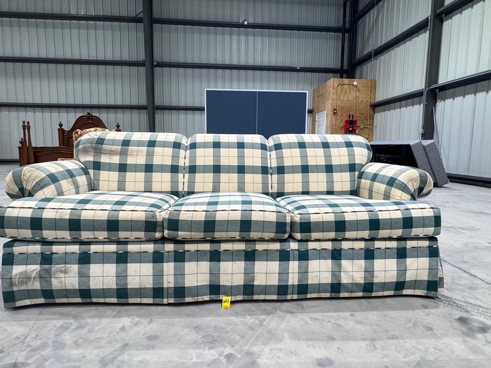 Country-Style Green & Cream Plaid Couch, 93"W x 38"D x 37"H