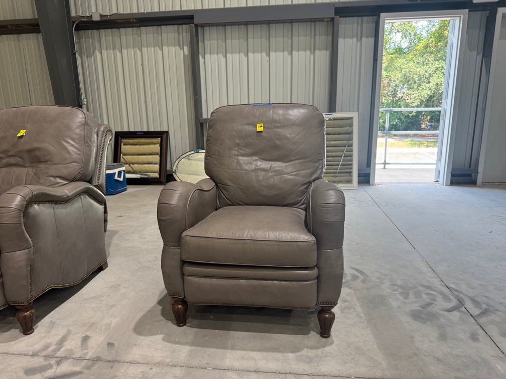 Gray Leather Push-Back Recliner With Round Arms, Dark Wood Feet