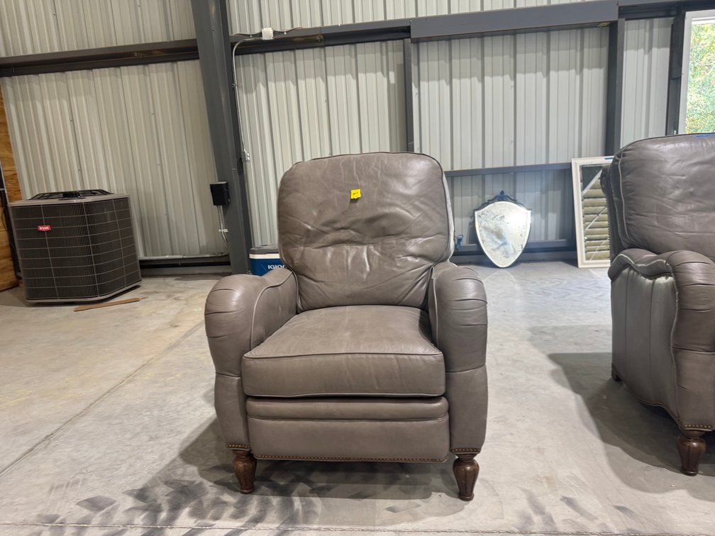 Gray Leather Push-Back Recliner With Round Arms, Dark Wood Feet