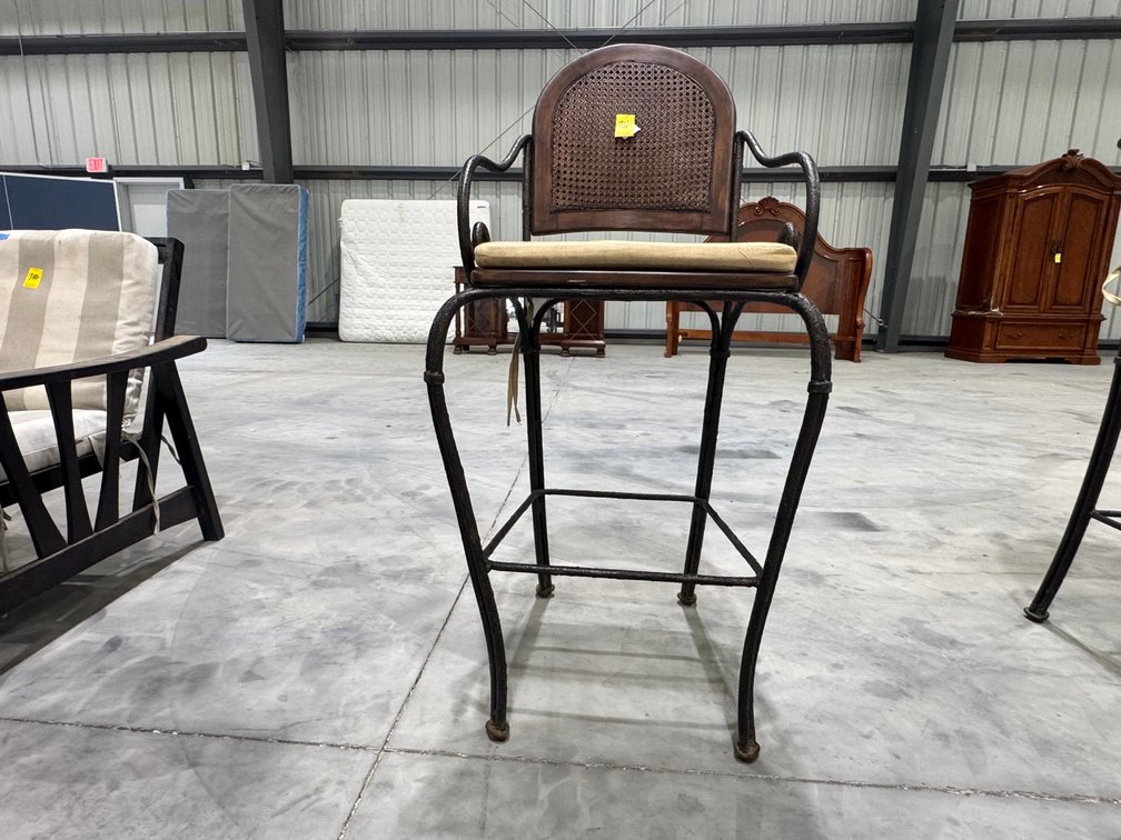 Wrought Iron And Rattan Bar-Height High-Backed Armchair