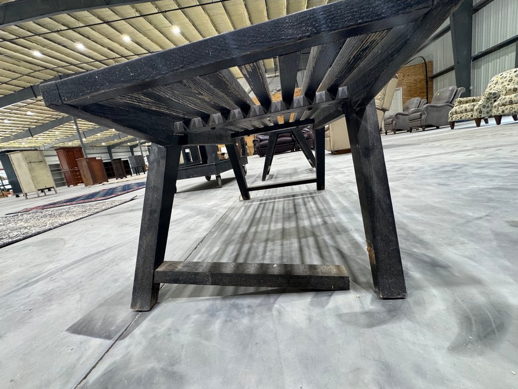 Dark-Stained Slatted Wooden Coffee Table With Angled Legs