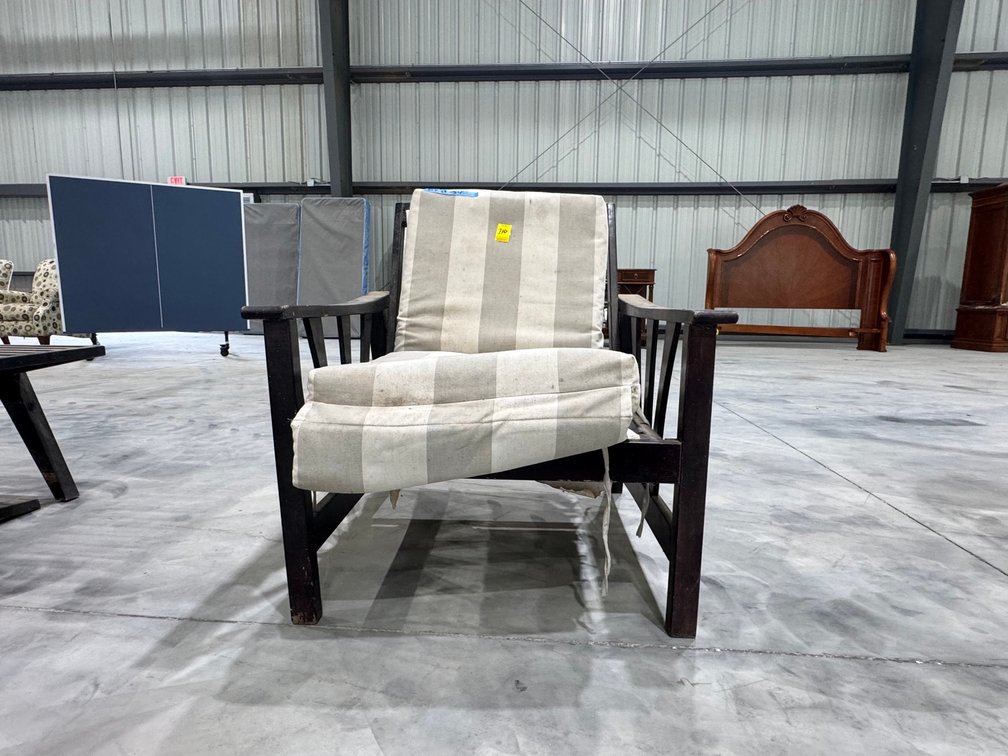 Dark-Stained Slatted Wooden Arm Chair, 2-Tone Cushion