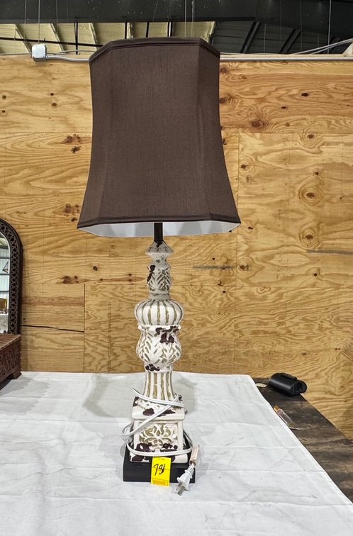 Ornate Fluted Ceramic Table Lamp, Dark Brown Fabric Shade