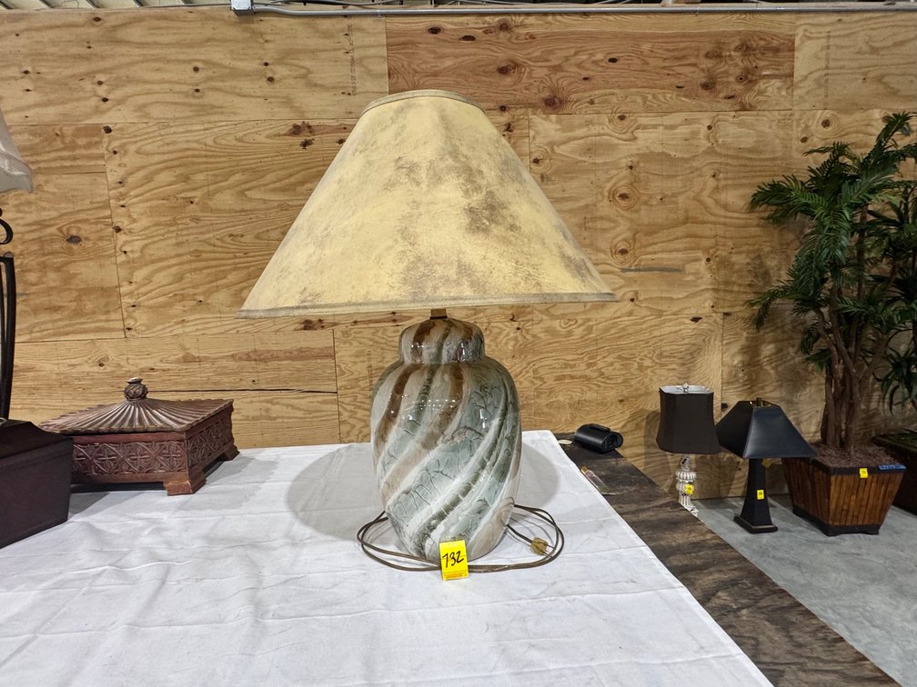 Faux-Marble Glazed Ceramic Table Lamp, Wide Cone-Shaped Shade