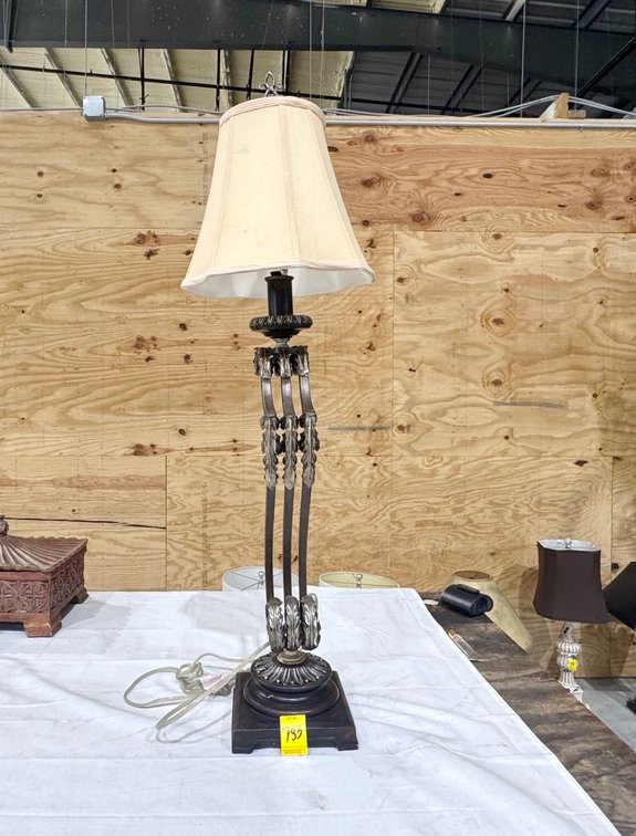 Curved Metal Decorative Table Lamp, Beige Bell Shaped Fabric Shade