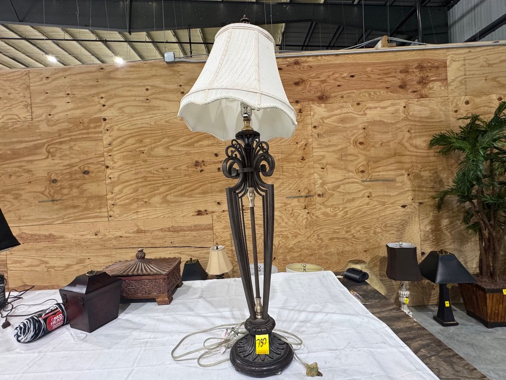 Dark Bronze Scroll Accent Table Lamp, Tailored Fabric Shade
