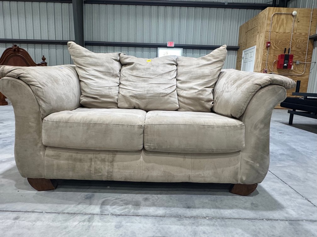 Tan / Beige Microfiber Suede Pillow-Top Loveseat With Flared Arms