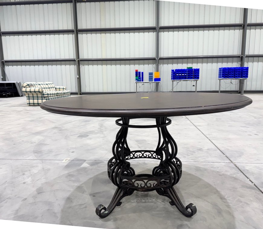 Round Table, Dark Wood Top, And Ornate Metal Scroll Base