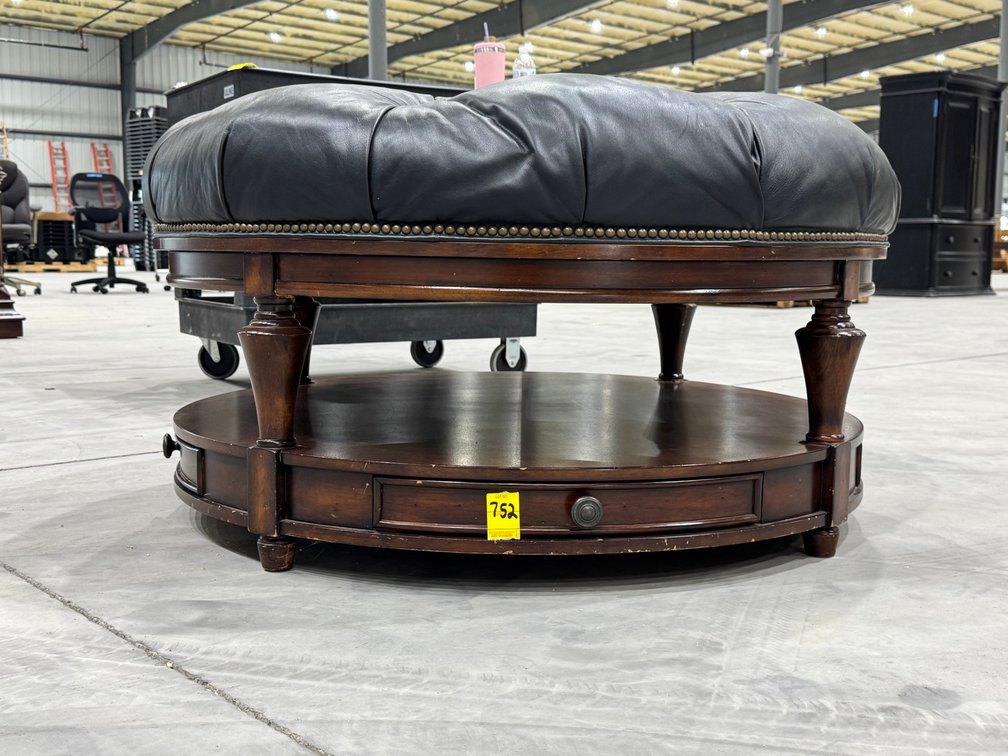 Round Tufted Coffee Table Ottoman, Dark Wood Base, (2) Drawers