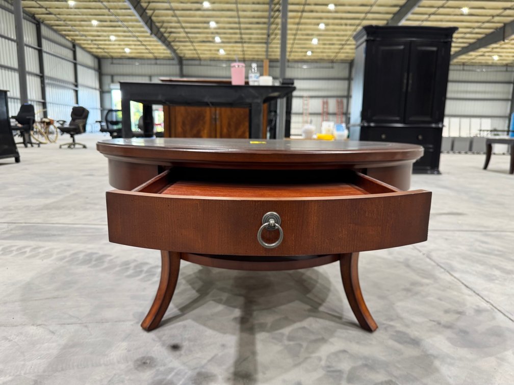 Round Wood Coffee Table With Dark Inlay Top, Cabriole-Style Legs