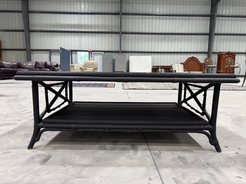 Black Rectangular Glass Top Coffee Table With Wicker-Accent Base