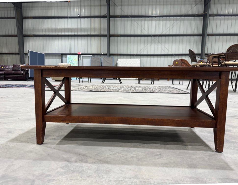 Rectangular Wood Coffee Table With Lower Shelf, X-Frame Crossbars