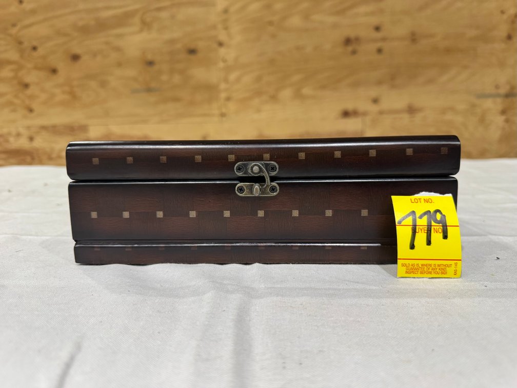 Dark Brown Wooden Storage Box, Patterned Top, Clasp