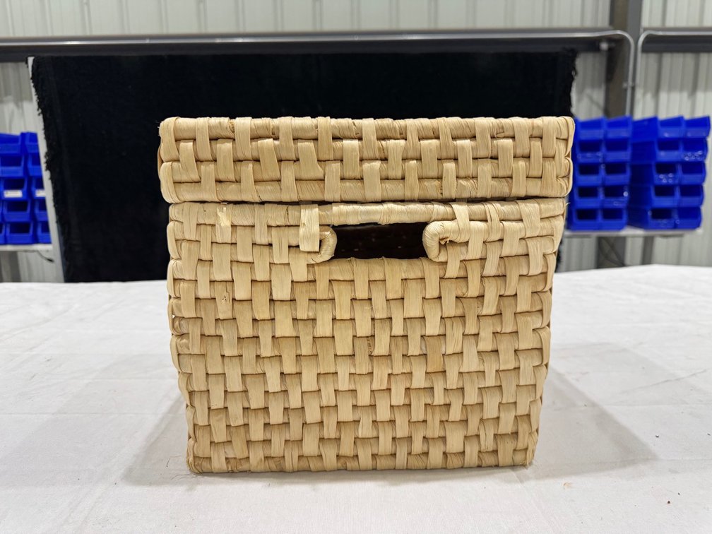 Square Woven Wicker Storage Bin With Matching Lid, Side Handles