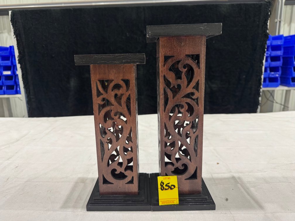 (2) Wooden Pedestal Stand With Intricate Openwork Floral Carvings
