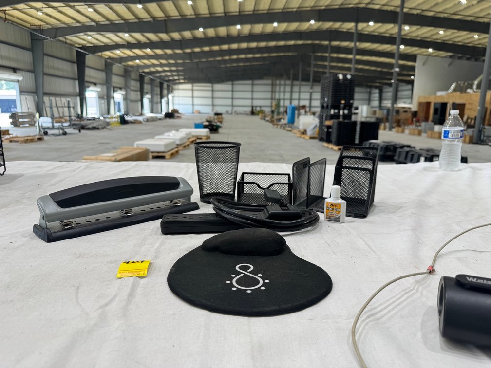 Assorted Office Box: Mind Reader Wire Mesh Sorter, Phone Stand, Etc.