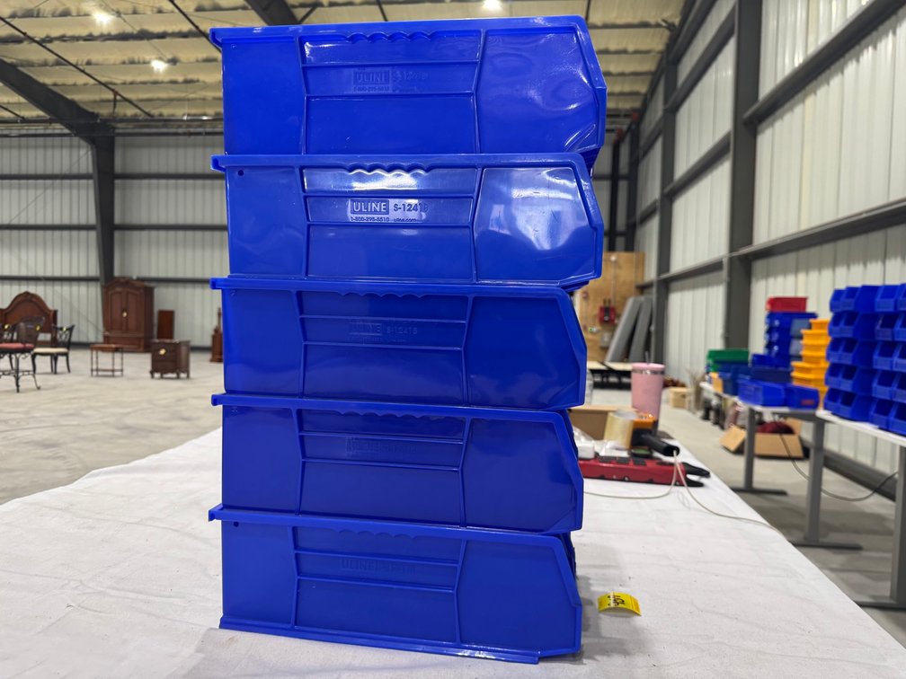 (10) Uline S-12418 Plastic Stackable Bins, 15" x 5.5" x 5", Blue