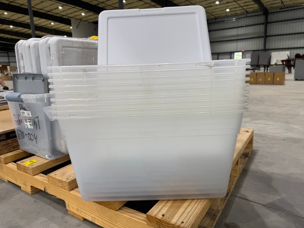 Pallet With Totes, Lids, Storage Boxes