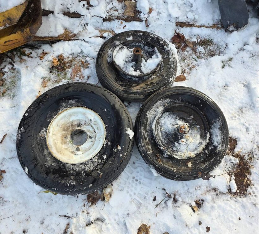 Trailer Tire and Two Wheelbarrow Tires with Rims