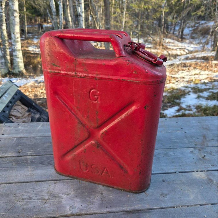 Red 5-Gallon QMC Marked Metal Military Jerry Can