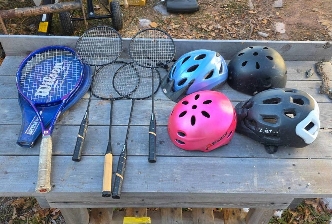 Sports Lot with Wilson Tennis Racket, 4 Badminton Rackets, and 4 Helmets