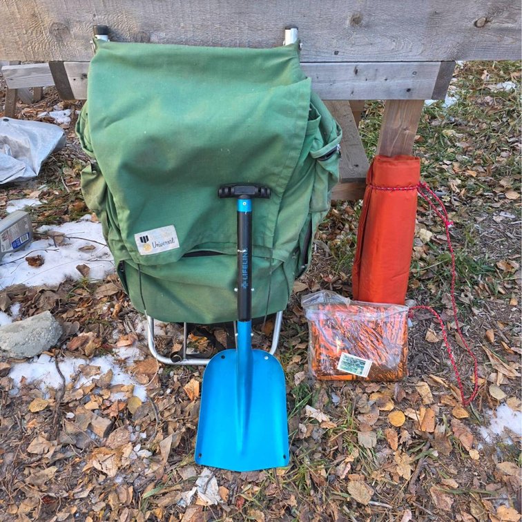 4pc Camping Lot with Backpack, Shovel, Mat, and Poncho