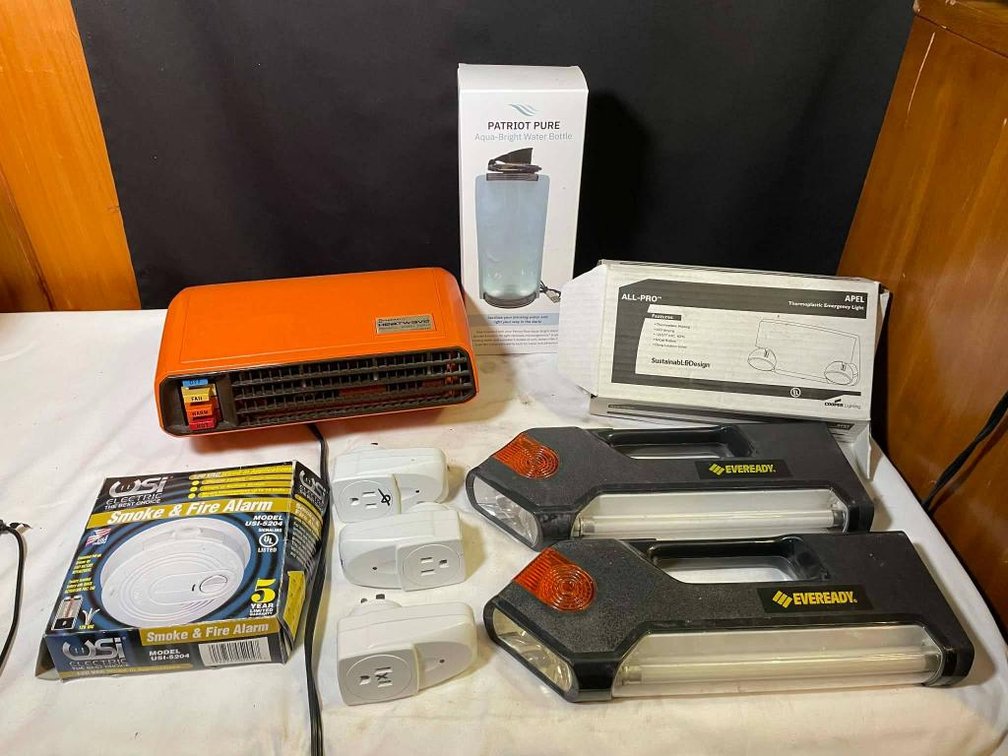 Emergency Supplies Lot with Space Heater, Emergency Lights, and Smoke Alarm