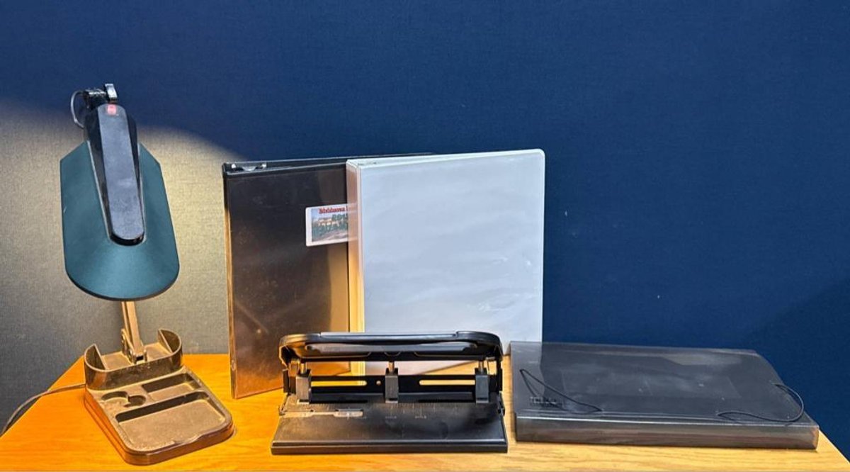 Desk Lamp, Hole Punchers, Binders, and Document Envelope Office Lot