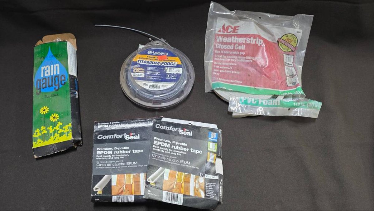 Rain Gauge, Weatherstripping, and Trimmer Line