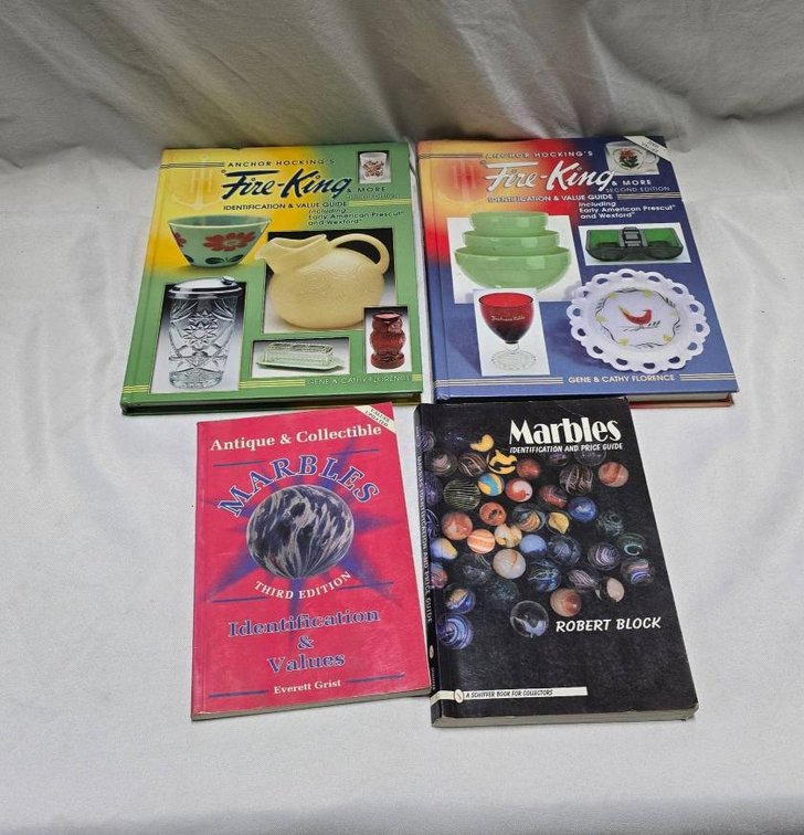 Four Identification and Value Guide Books for Fire-King and Marbles