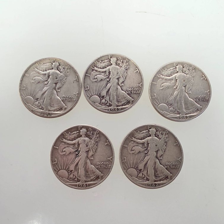 Five Walking Liberty Half Dollars