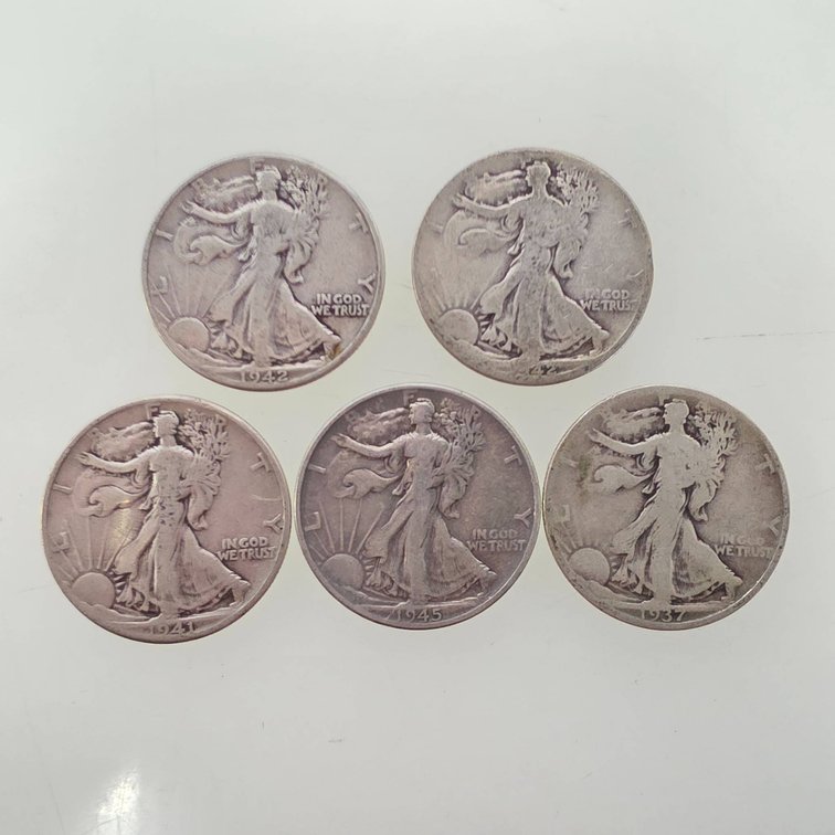 (5) Walking Liberty Half Dollars: 1937, 1941, (2) 1942, 1945