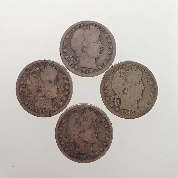 Four Barber Quarters: 1914-D (2) and 1916-D (2)