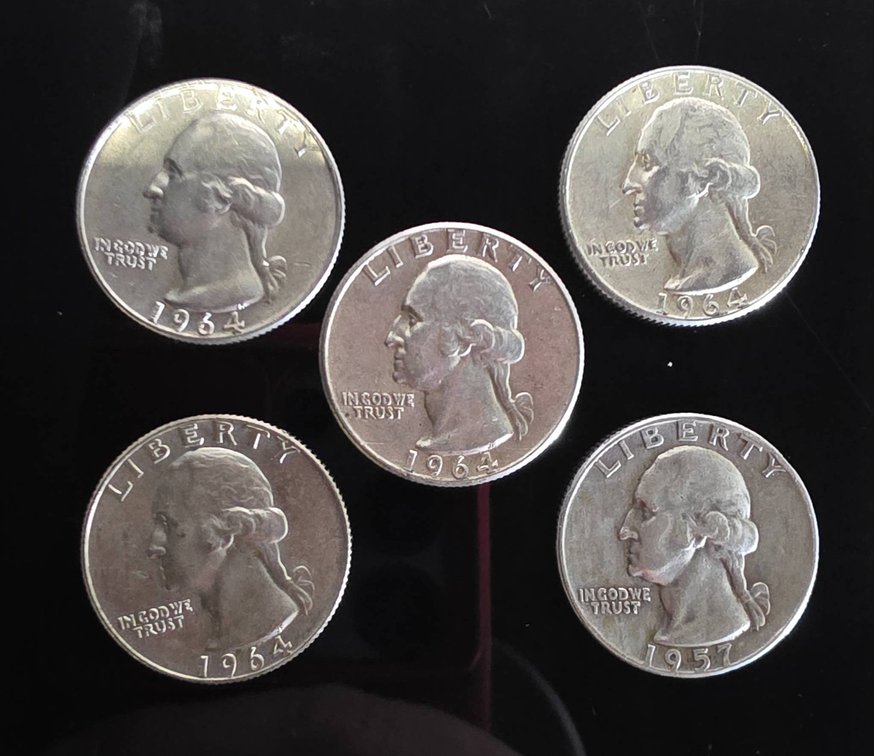 (5) 90% Silver Washington Quarters (1964 and 1957)
