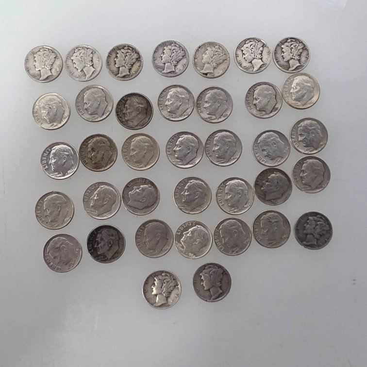 37 US Silver Dimes: 10 Mercury and 27 Roosevelt