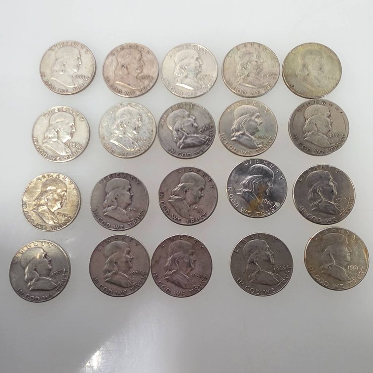 20 Ben Franklin Half Dollars, 90% Silver
