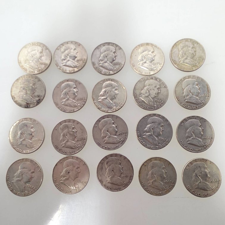 20 Ben Franklin Half Dollars, Various Dates and Mint Marks