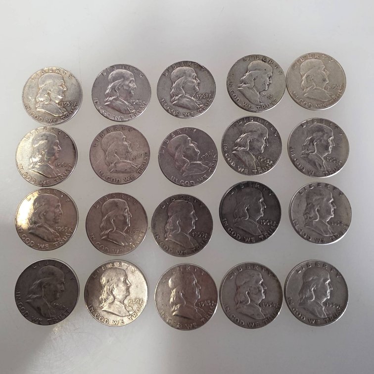 Roll of (20) Ben Franklin Half Dollars, Mixed Dates, 90% Silver