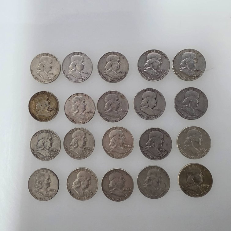 20 Ben Franklin Half Dollars, Various Dates