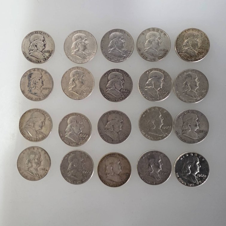 20 Franklin Half Dollar Silver Coins (90% Silver, Various Dates)