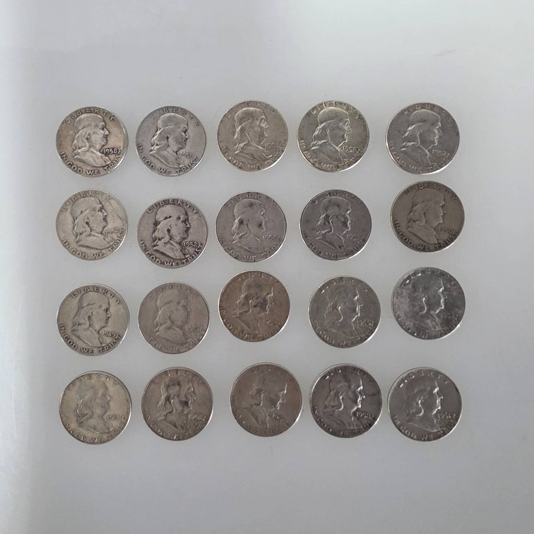 20 Ben Franklin Half Dollars (90% Silver, Various Dates)