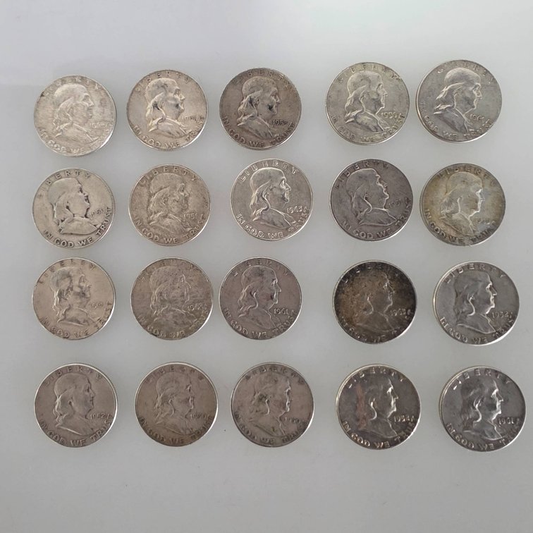 20 Silver Franklin Half Dollars (90% Silver, Various Dates)