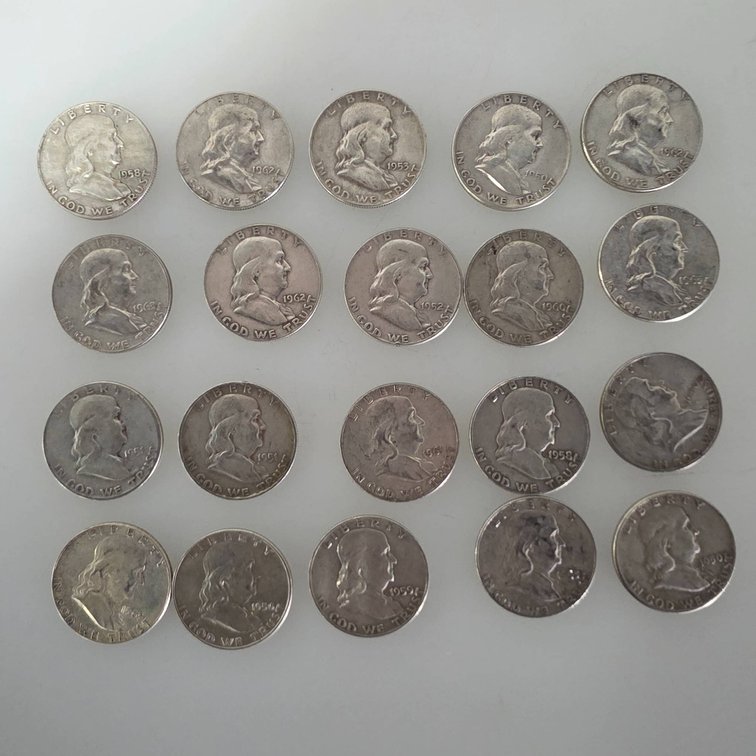 20 Ben Franklin Half Dollars (90% Silver, Various Dates)