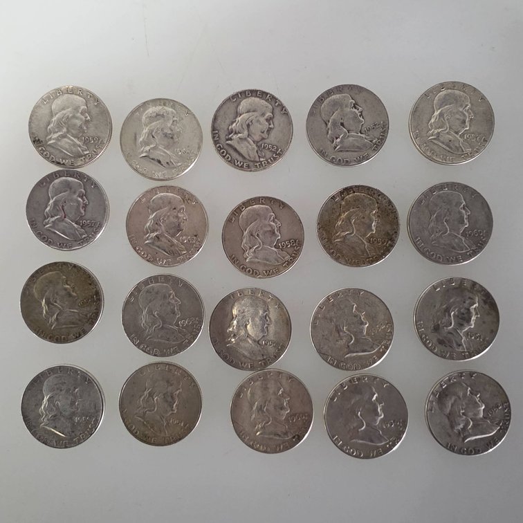 Roll of 20 Ben Franklin Half Dollars, 90% Silver, Mixed Years