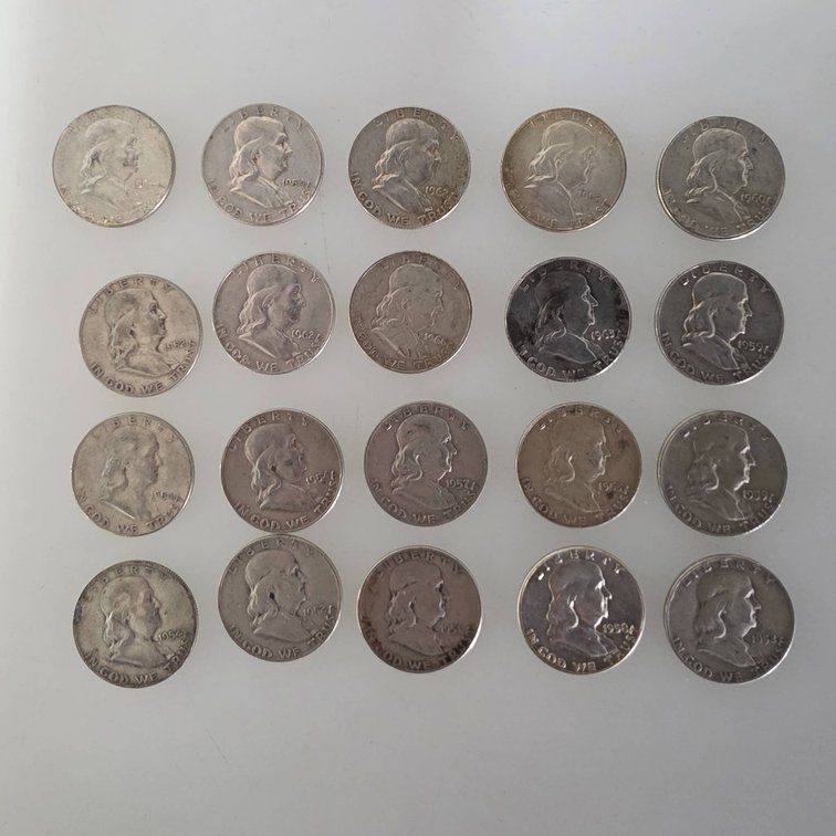 20 Franklin Half Dollars (90% Silver, Various Dates)