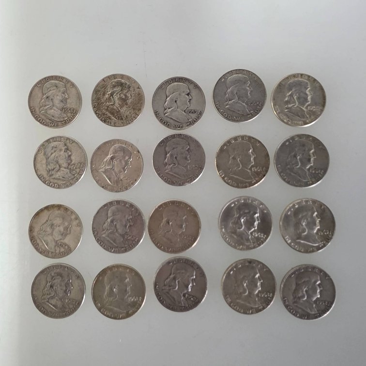 20 Franklin Half Dollars (90% Silver, Various Dates)