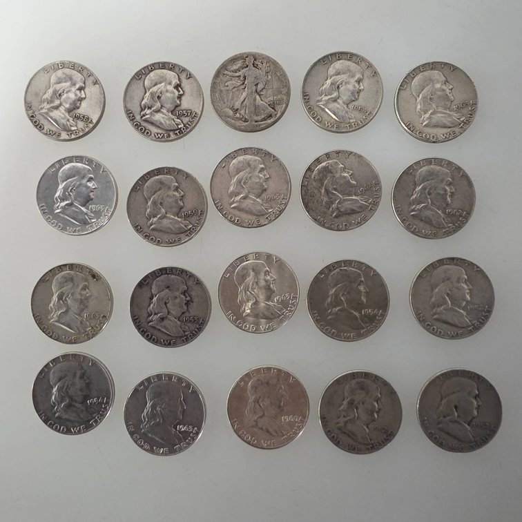 20 Franklin Half Dollars and 1 Walking Liberty Half Dollar
