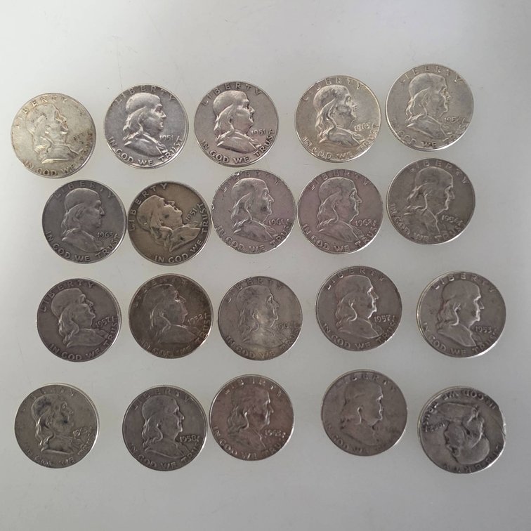 20 Franklin Half Dollars (90% Silver, Various Dates)