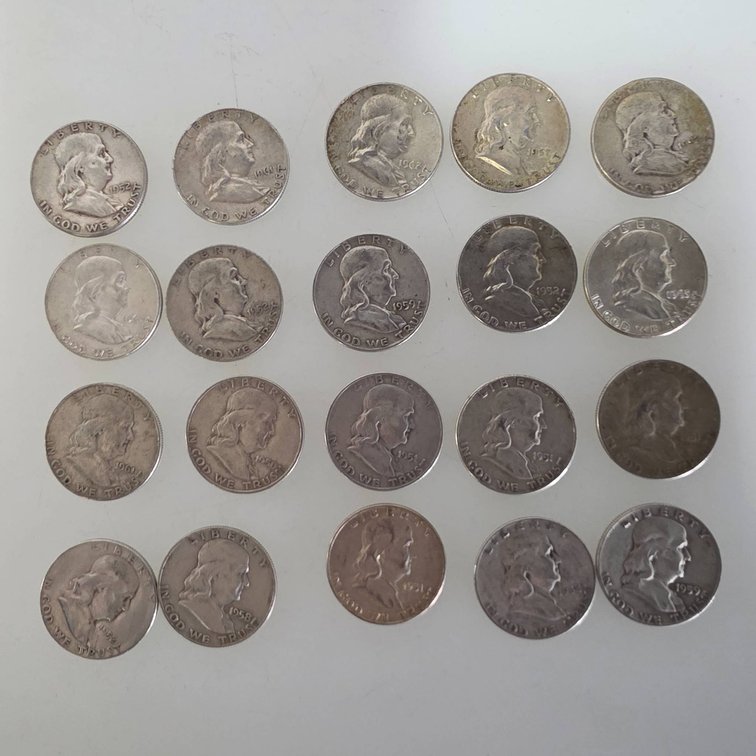 20 Franklin Half Dollars (90% Silver, Various Dates)