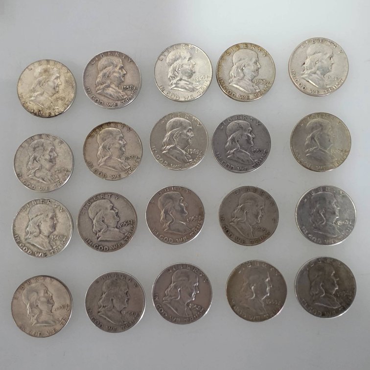 20 Franklin Half Dollars (90% Silver, Various Dates)
